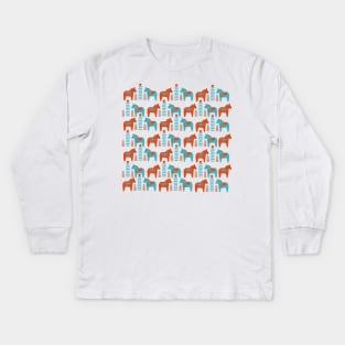 Scandinavian Folk Art Dola Horses and Flowers Pattern Kids Long Sleeve T-Shirt